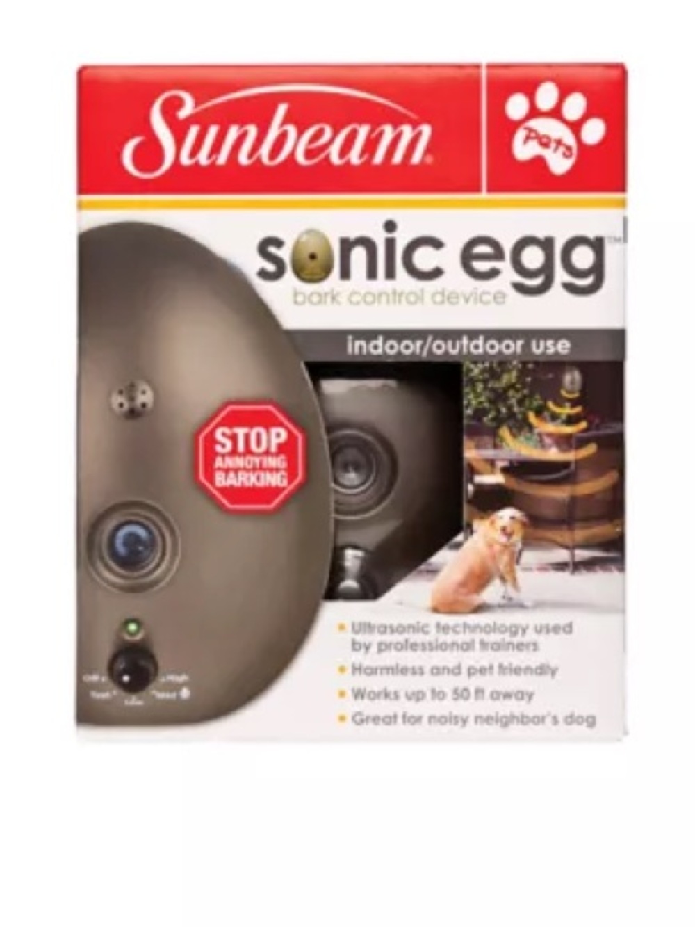 Sunbeam Ultrasonic Egg Dog Bark Control Device - up to 50 ft range
